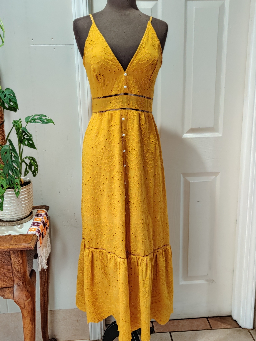 Embroidery Pearl Button Down Maxi Dress
